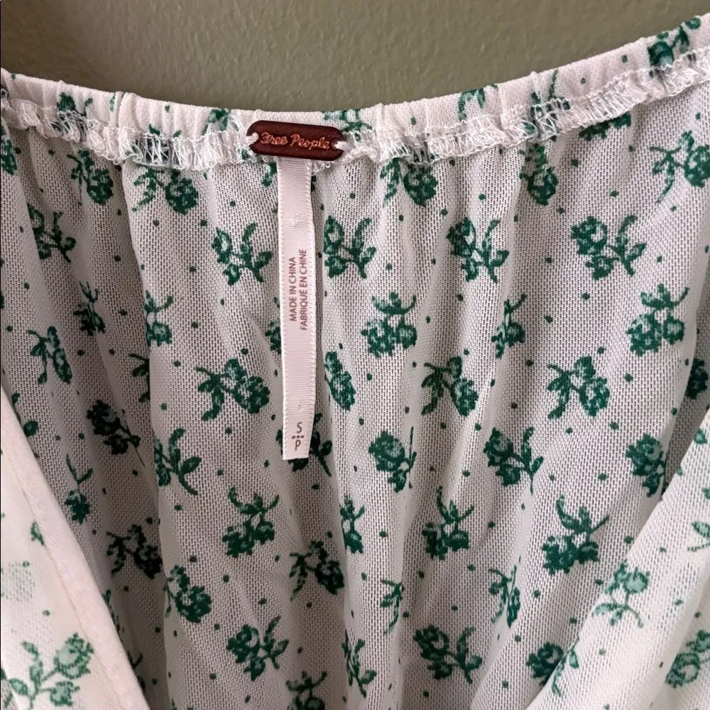 Free People Sweetie Pie Floral Sheer Faux Wrap Top Blouse Green White Sz S